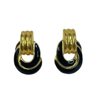 Vintage Trifari Black Enamel Gold Tone Pierced Earrings